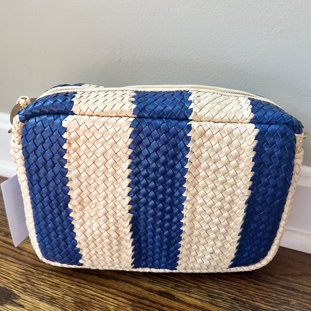 Clare V Marisol leather woven bag, new, indigo & cream